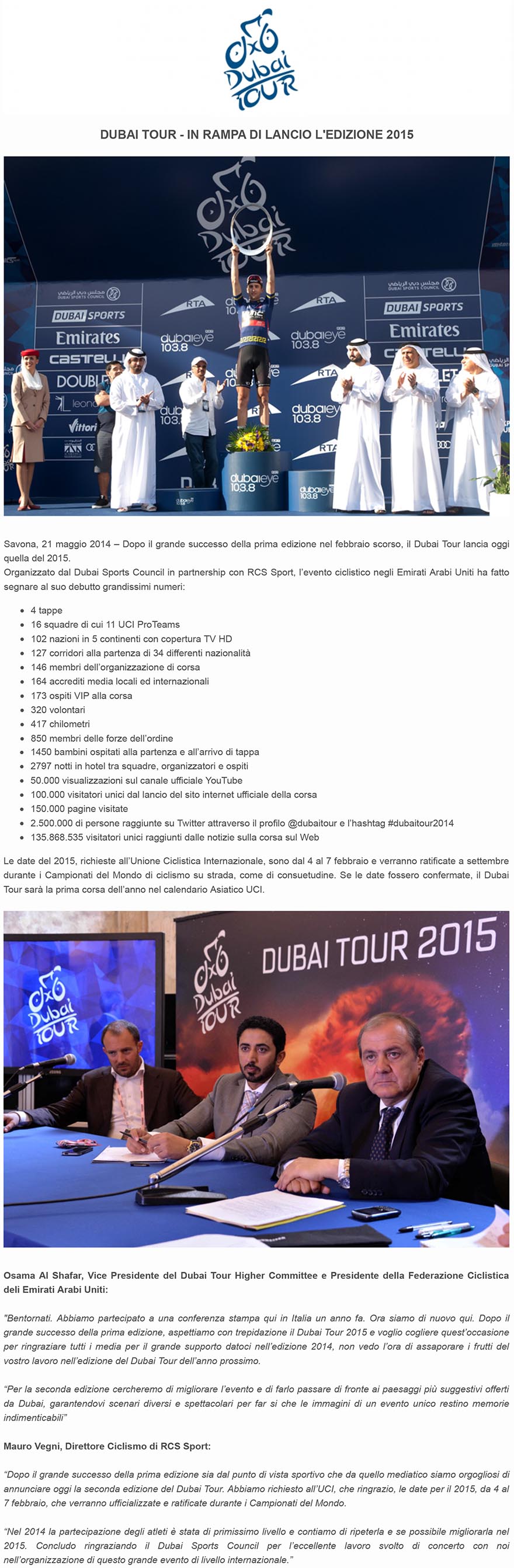 DUBAI TOUR  IN RAMPA DI LANCIO LEDIZIONE 2015